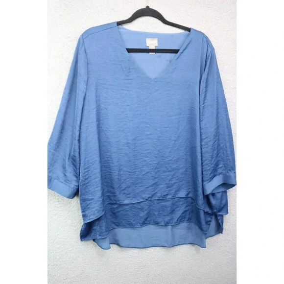 Chico's Blue Satin Layered Top-3/4 Sleeve-Size 3 or XL - Picture 1 of 9